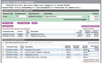 ClassJuggler's Manually Applied Payments screen