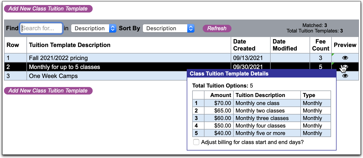 Class tuition templates